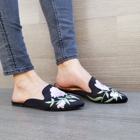 Embroider Flower on Black Satin Mule Loafer-D - Picture 8 of 8